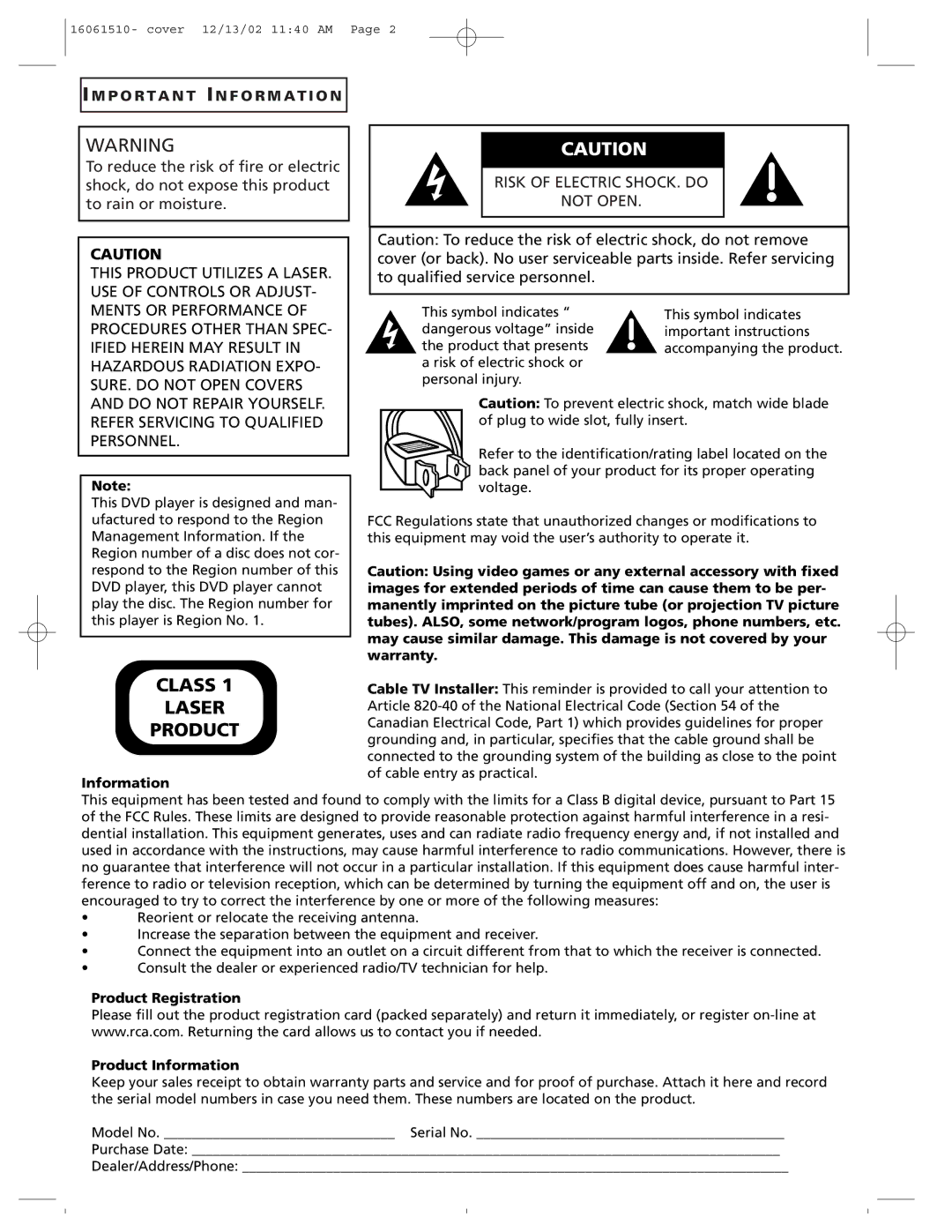 RCA B27TF685 manual Product Registration Product Information 