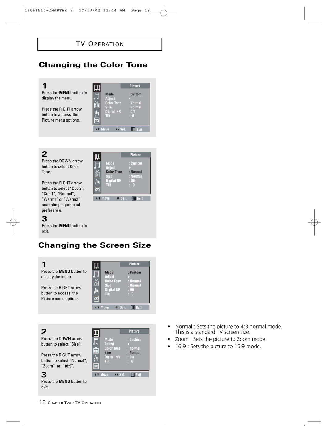 RCA B27TF685 manual Changing the Color Tone, Changing the Screen Size, Press the Down arrow button to select Color Tone 