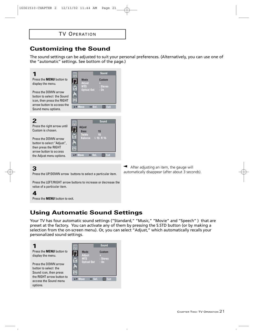 RCA B27TF685 manual Customizing the Sound, Using Automatic Sound Settings, Automatically disappear after about 3 seconds 