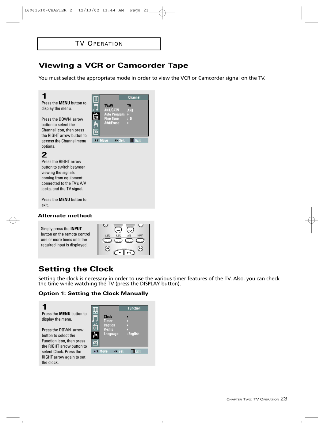 RCA B27TF685 manual Viewing a VCR or Camcorder Tape, Option 1 Setting the Clock Manually 