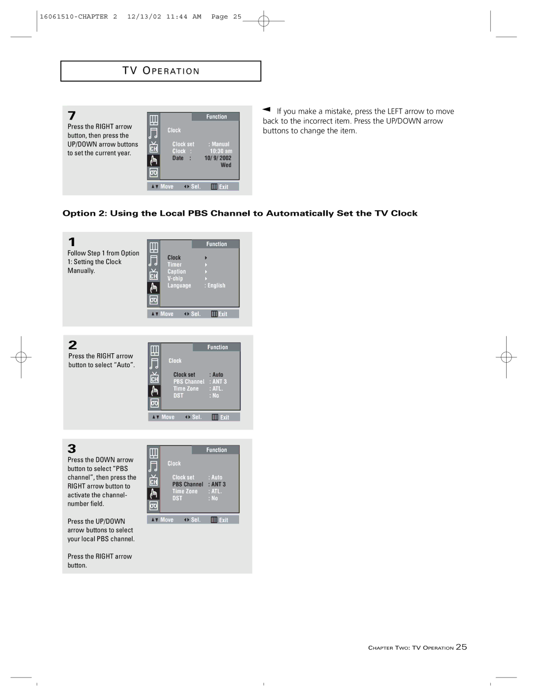 RCA B27TF685 manual Follow from Option Setting the Clock Manually, Press the Right arrow button 