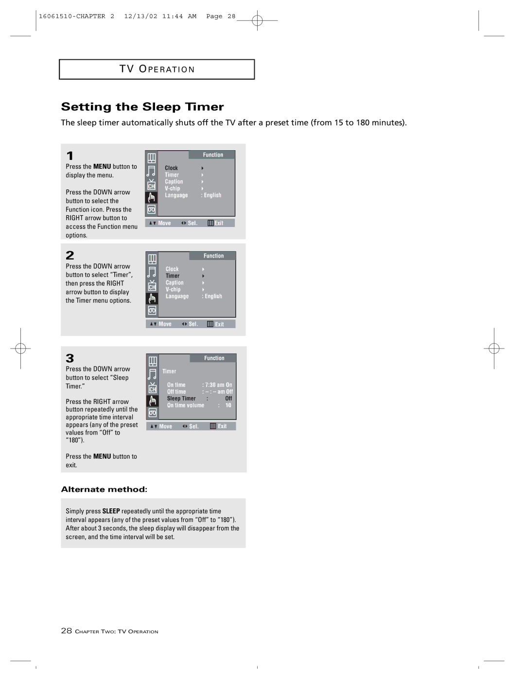 RCA B27TF685 manual Setting the Sleep Timer, Alternate method 