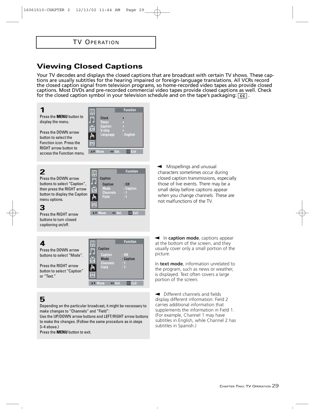 RCA B27TF685 Viewing Closed Captions, Misspellings and unusual, Press the Right arrow button to select Caption or Text 