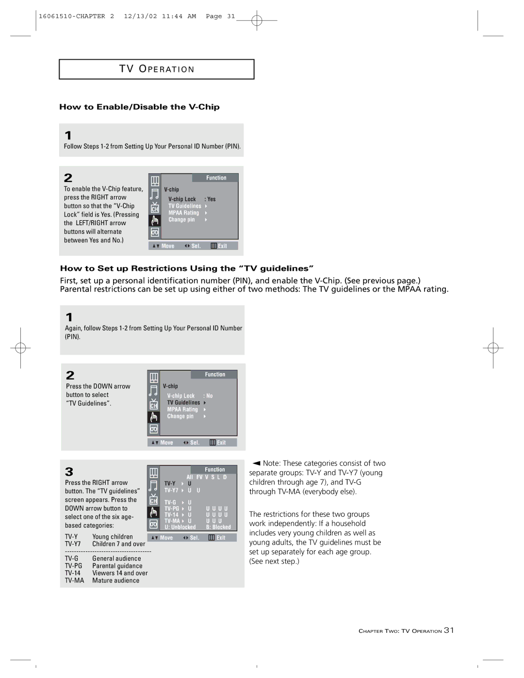 RCA B27TF685 manual How to Enable/Disable the V-Chip, How to Set up Restrictions Using the TV guidelines, TV Guidelines 