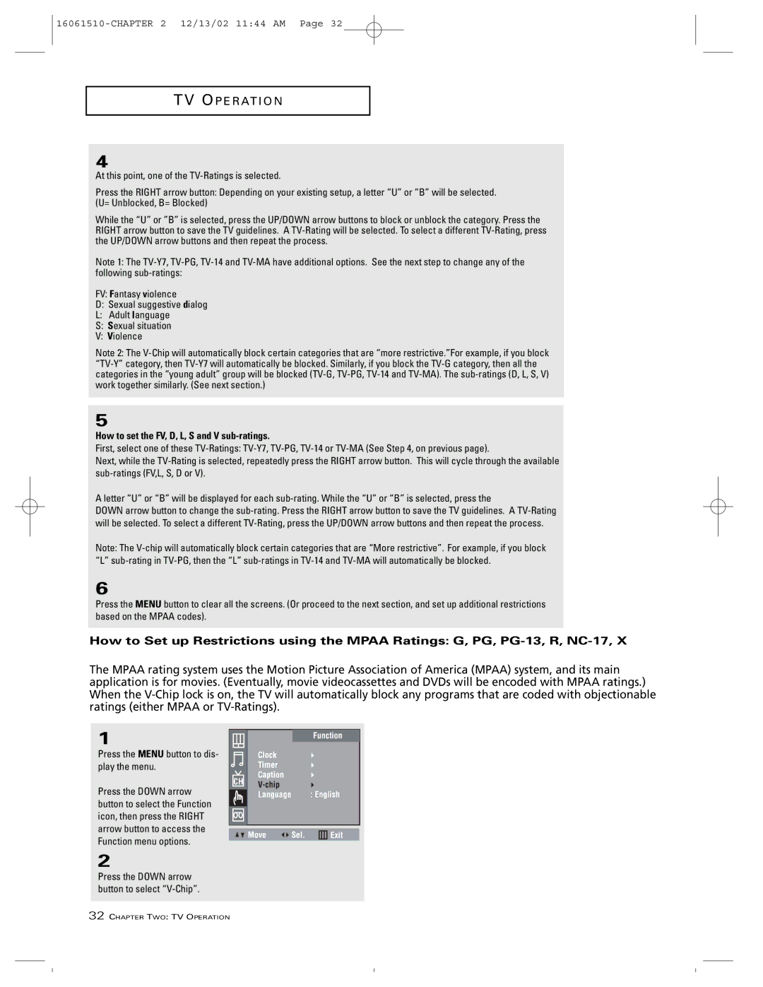 RCA B27TF685 manual How to set the FV, D, L, S and V sub-ratings, Press the Menu button to dis- play the menu 