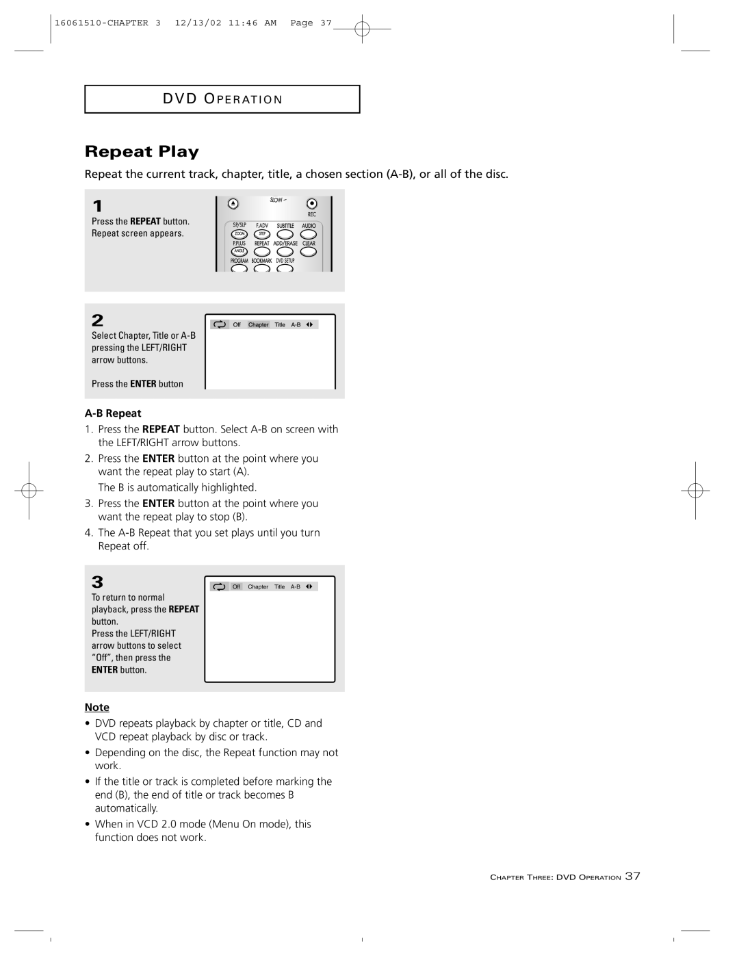 RCA B27TF685 manual Repeat Play, Press the Repeat button Repeat screen appears, Press the Enter button 