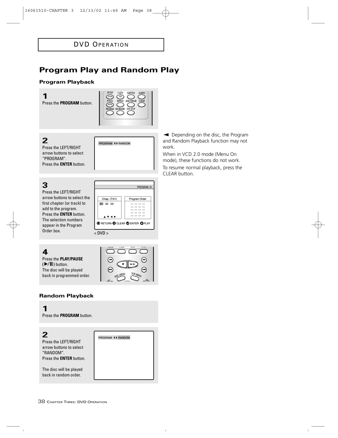 RCA B27TF685 manual Program Play and Random Play, Program Playback, Random Playback 