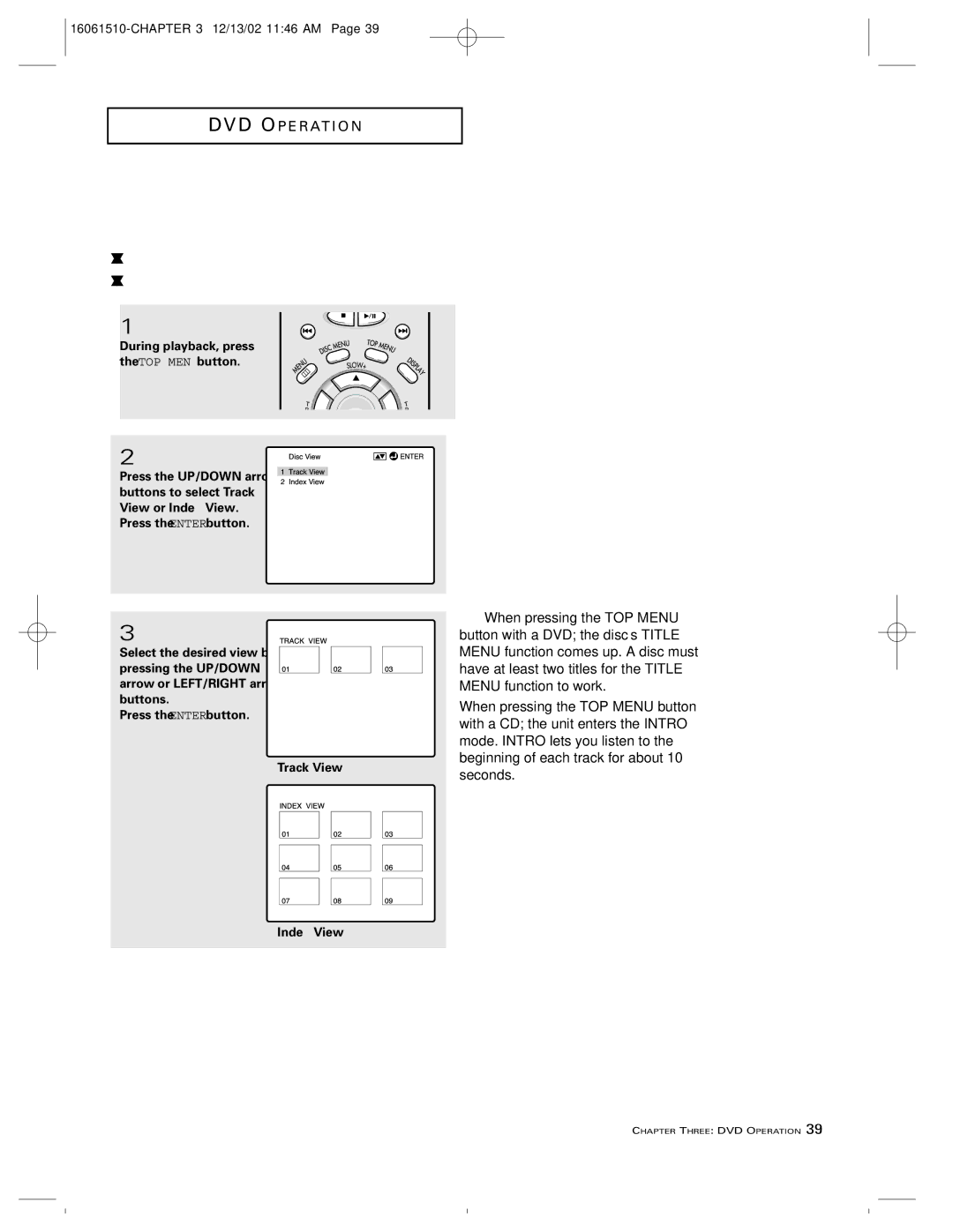 RCA B27TF685 manual Using the Disc View Function VCD, Track View/Index View, Press the Enter button Track View 