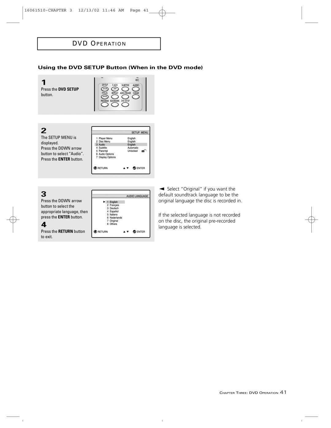 RCA B27TF685 manual Using the DVD Setup Button When in the DVD mode, Press the DVD Setup button Setup Menu is displayed 