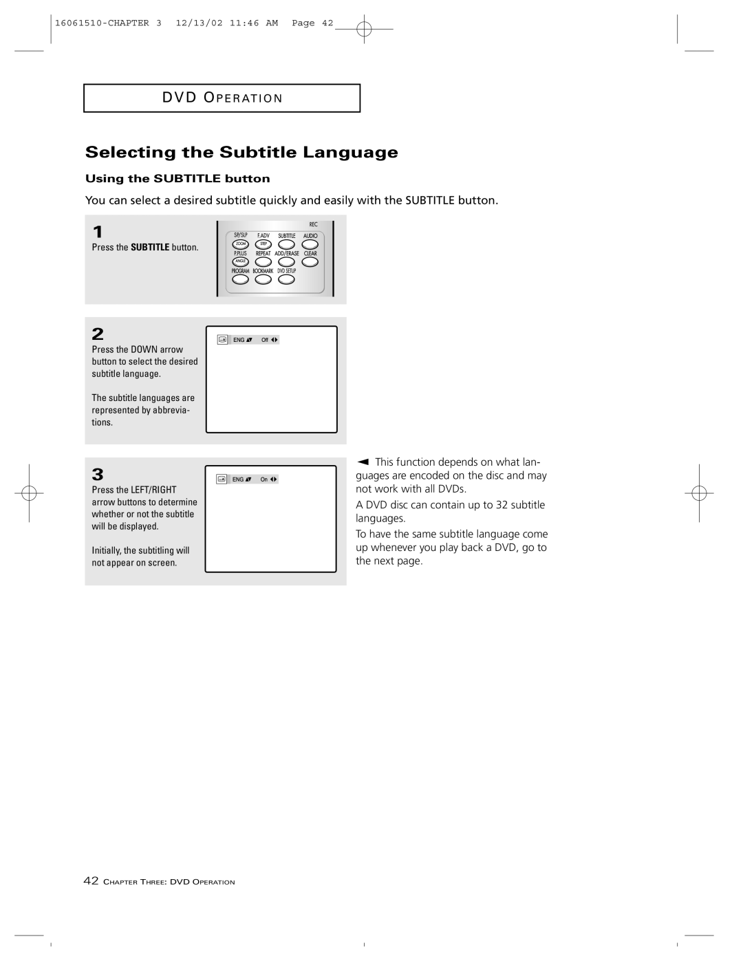 RCA B27TF685 manual Selecting the Subtitle Language, Using the Subtitle button, Press the Subtitle button 