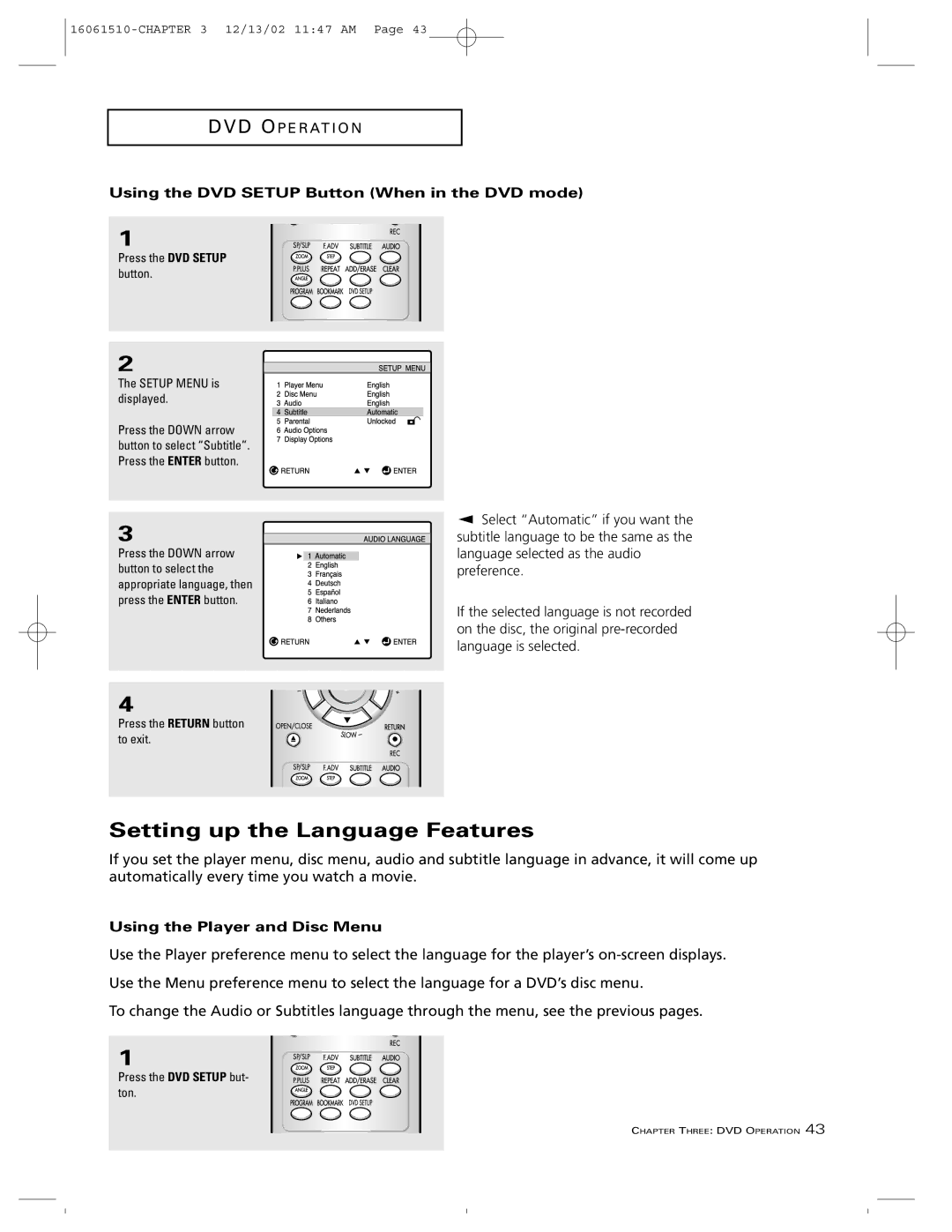 RCA B27TF685 manual Setting up the Language Features, Using the Player and Disc Menu 