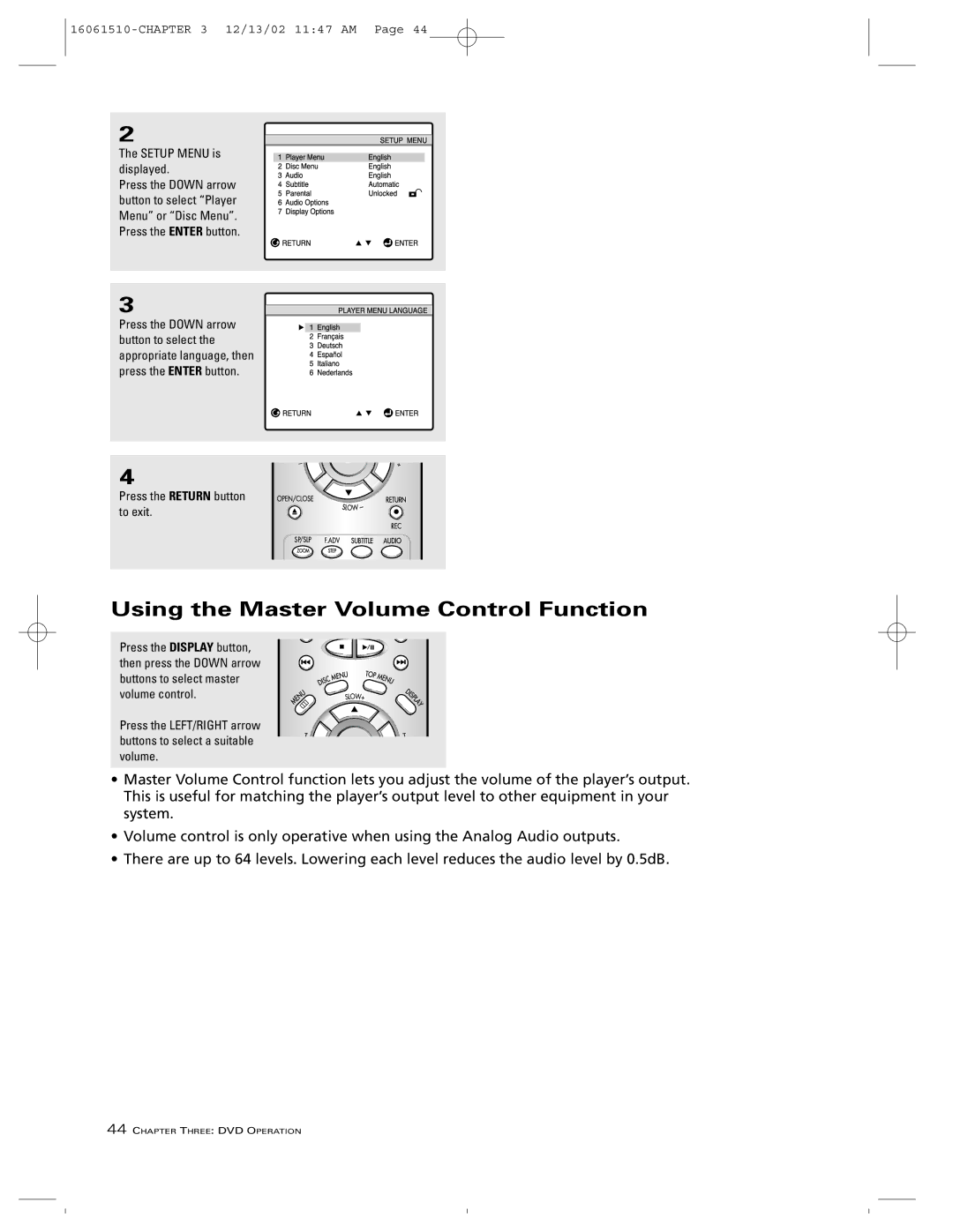 RCA B27TF685 manual Using the Master Volume Control Function, Setup Menu is displayed 