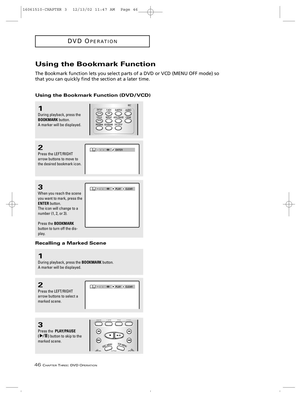 RCA B27TF685 manual Using the Bookmark Function DVD/VCD, Recalling a Marked Scene, Marker will be displayed 