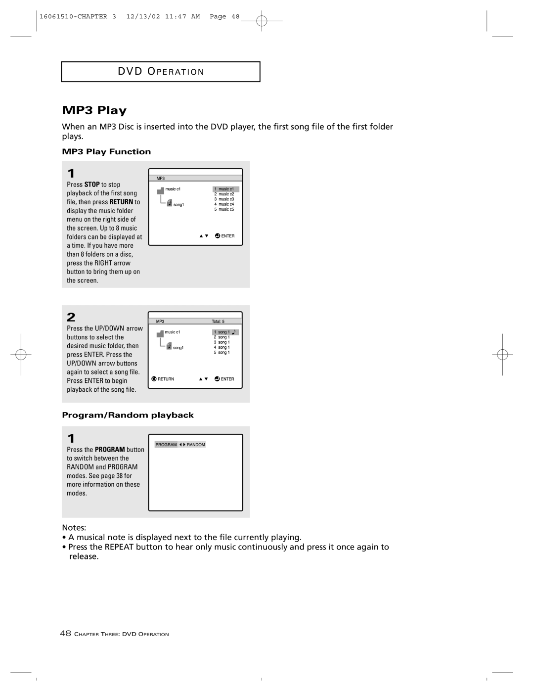 RCA B27TF685 manual MP3 Play Function, Program/Random playback 