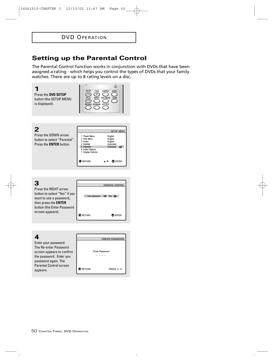 RCA B27TF685 manual Setting up the Parental Control, Press the DVD Setup button the Setup Menu is displayed 