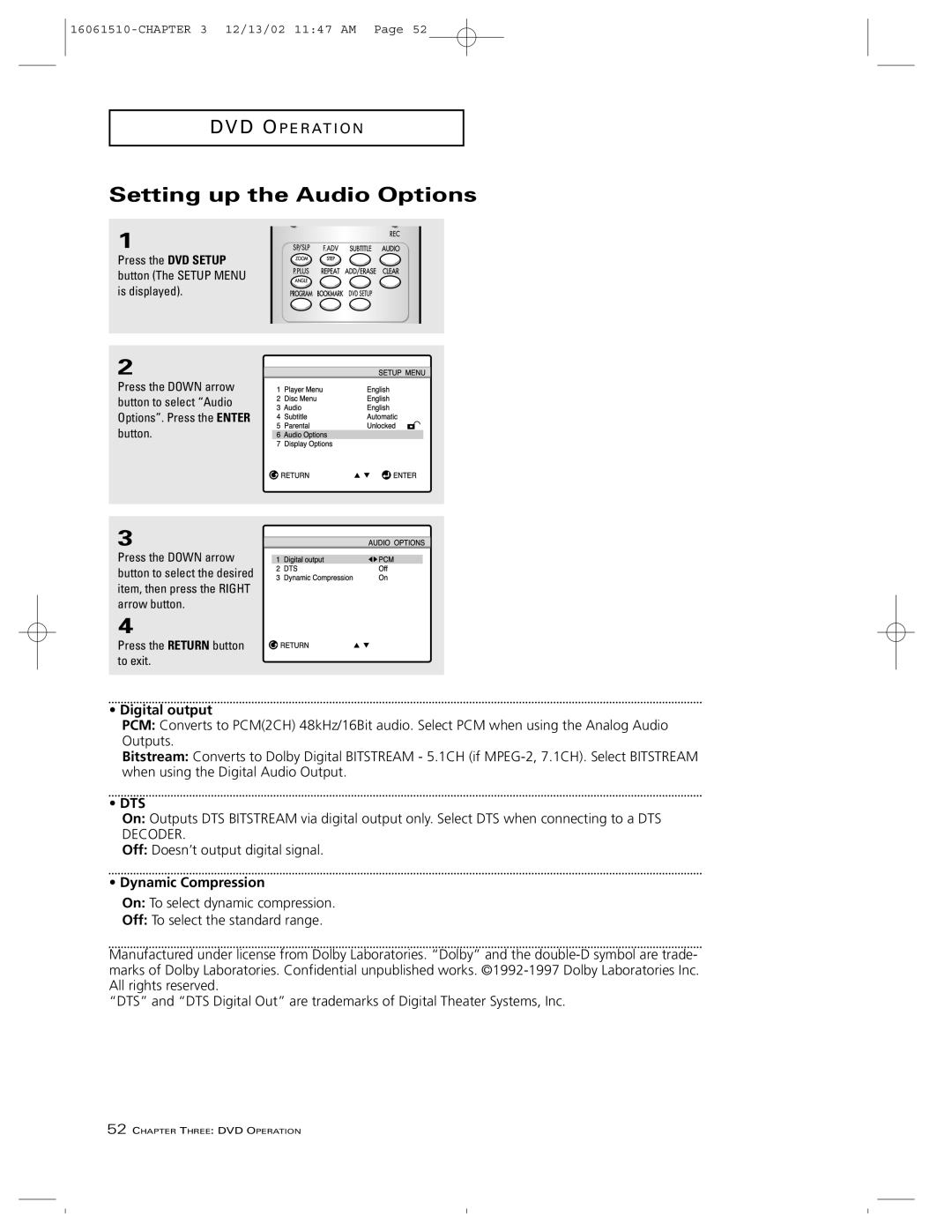 RCA B27TF685 manual Setting up the Audio Options, Digital output, Dynamic Compression 