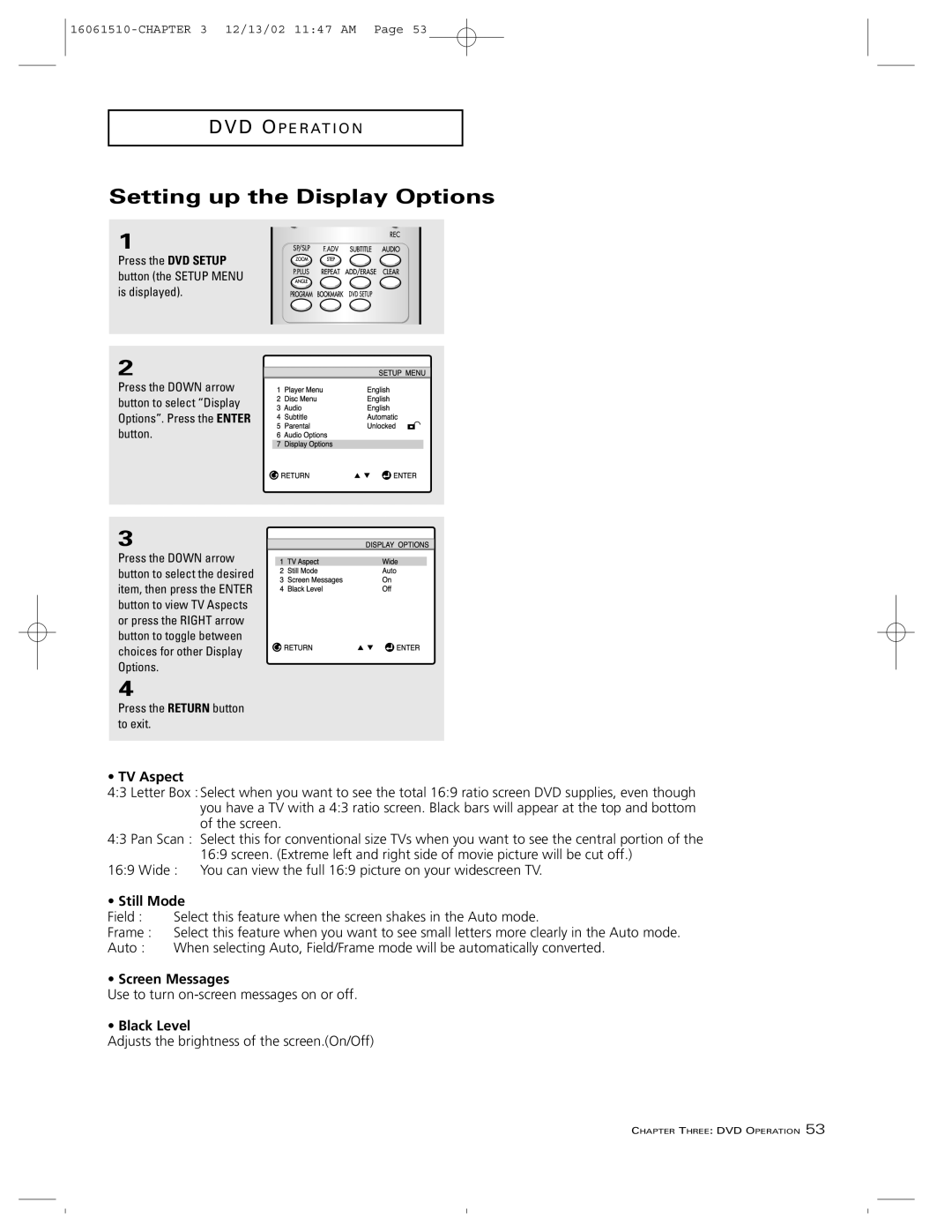 RCA B27TF685 manual Setting up the Display Options, TV Aspect, Still Mode, Screen Messages, Black Level 