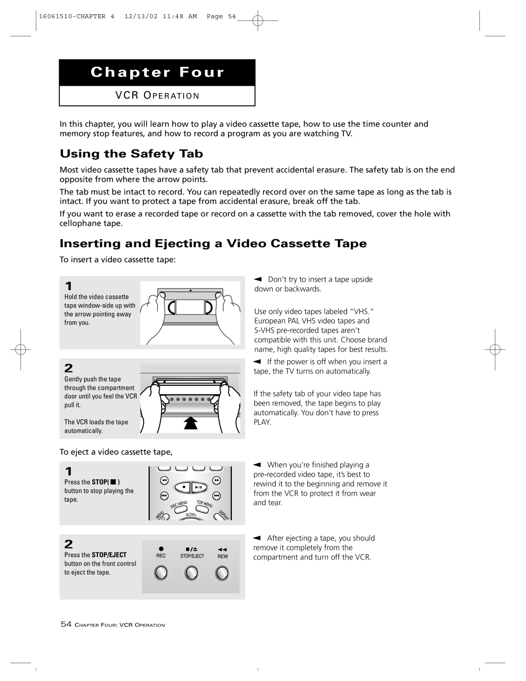 RCA B27TF685 manual Using the Safety Tab, Inserting and Ejecting a Video Cassette Tape 