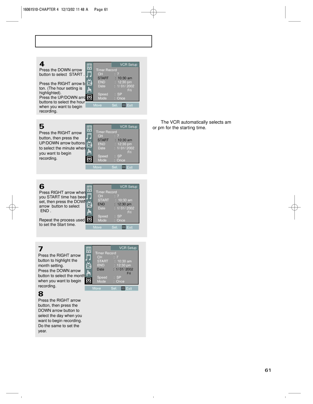 RCA B27TF685 manual VCR automatically selects am or pm for the starting time 