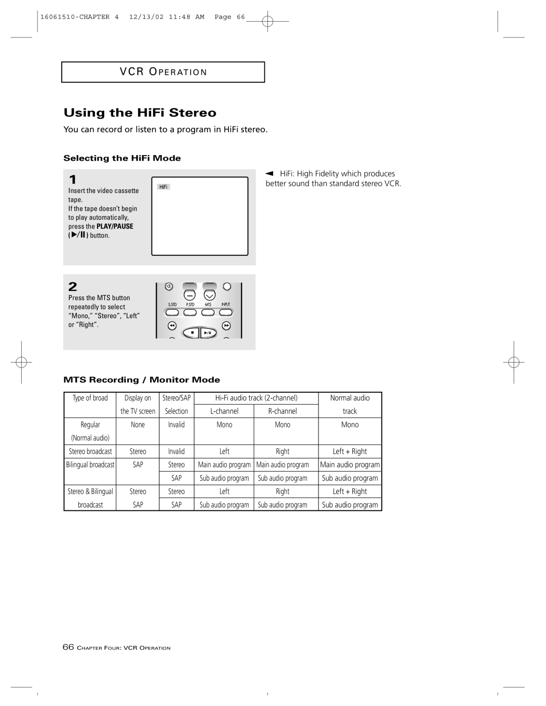 RCA B27TF685 manual Using the HiFi Stereo, Selecting the HiFi Mode, HiFi High Fidelity which produces 