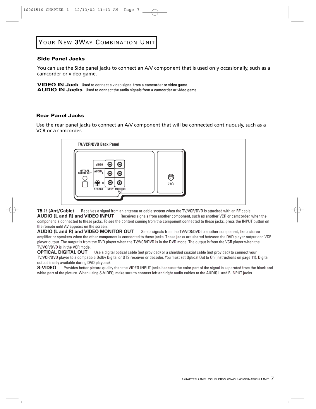 RCA B27TF685 manual Side Panel Jacks, Rear Panel Jacks 