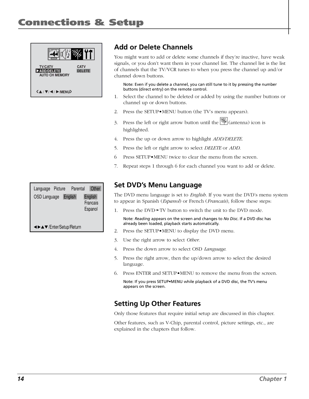 RCA BD1900 manual Add or Delete Channels, Set DVD’s Menu Language, Setting Up Other Features 