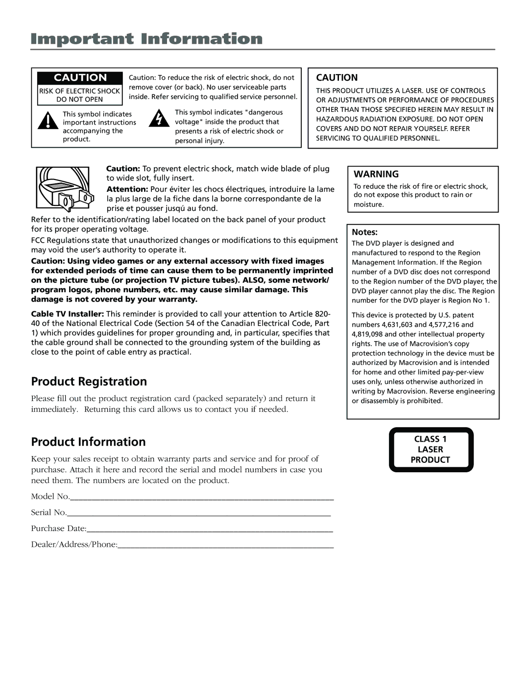 RCA BD1900 manual Important Information, Product Registration, Product Information 