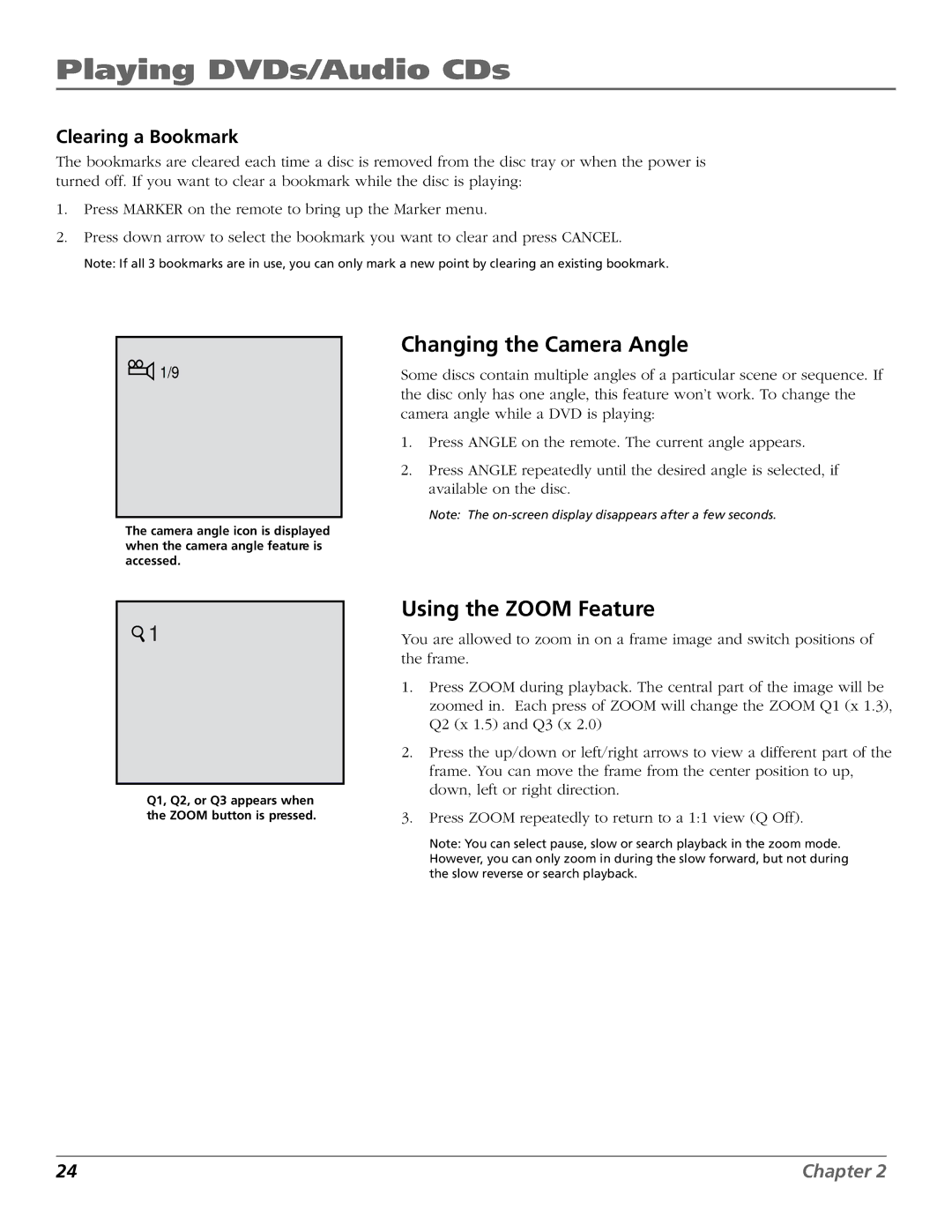 RCA BD1900 manual Changing the Camera Angle, Using the Zoom Feature, Clearing a Bookmark 