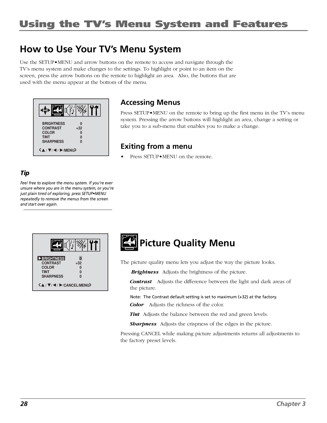 RCA BD1900 manual Using the TV’s Menu System and Features, How to Use Your TV’s Menu System, Picture Quality Menu 