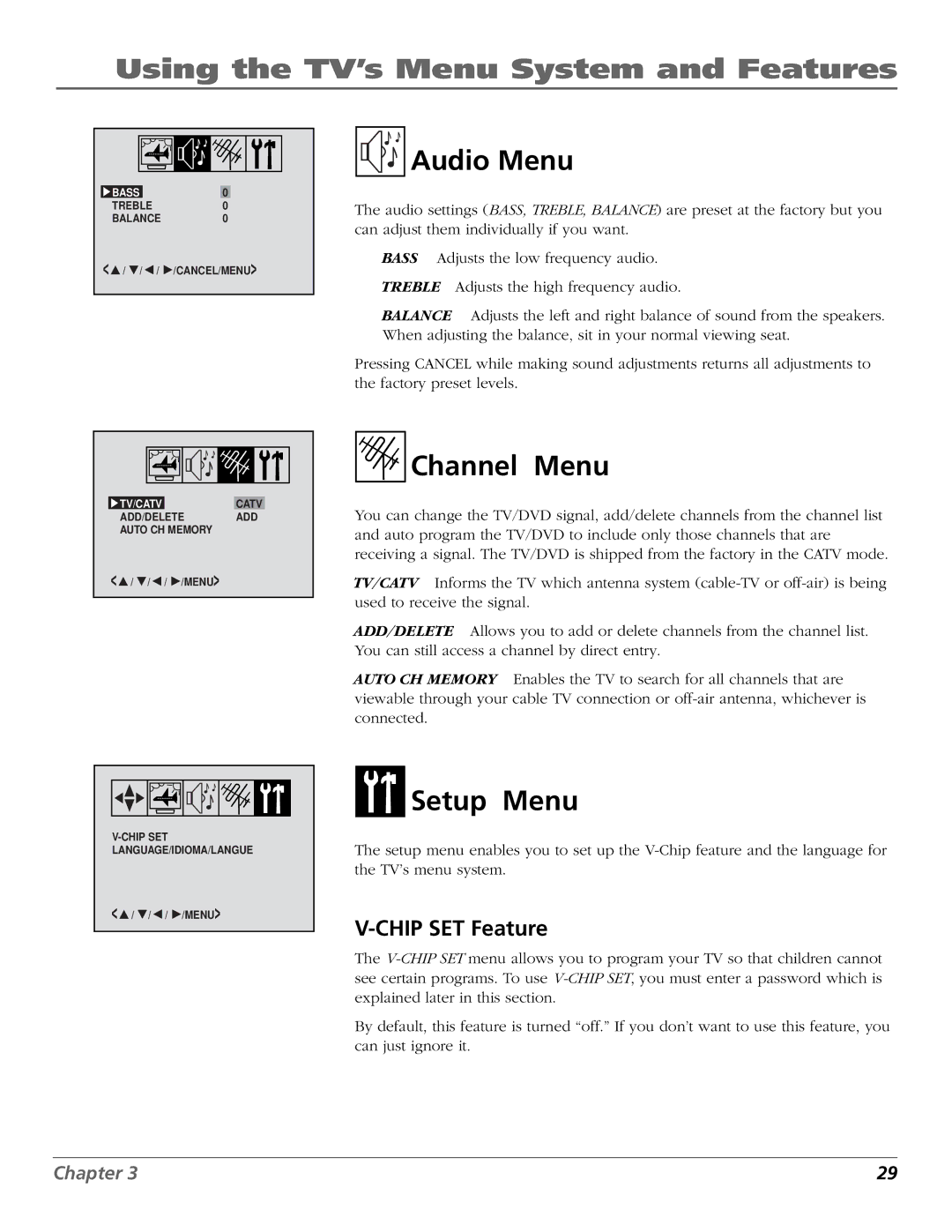 RCA BD1900 manual Audio Menu, Channel Menu, Setup Menu, Chip SET Feature 