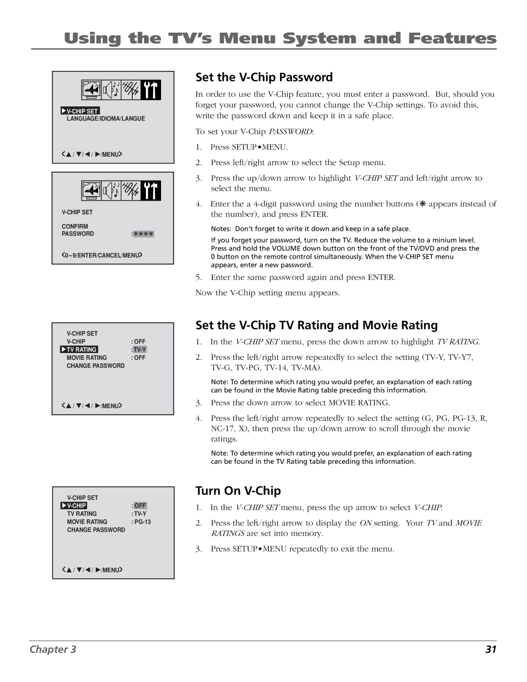 RCA BD1900 manual Set the V-Chip Password, Set the V-Chip TV Rating and Movie Rating, Turn On V-Chip 