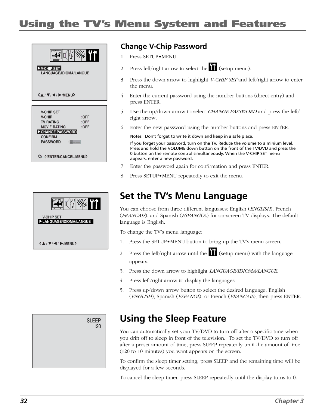 RCA BD1900 manual Set the TV’s Menu Language, Using the Sleep Feature, Change V-Chip Password 