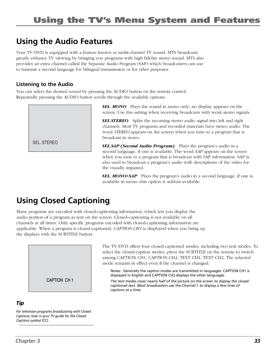 RCA BD1900 manual Using the Audio Features, Using Closed Captioning, Listening to the Audio 