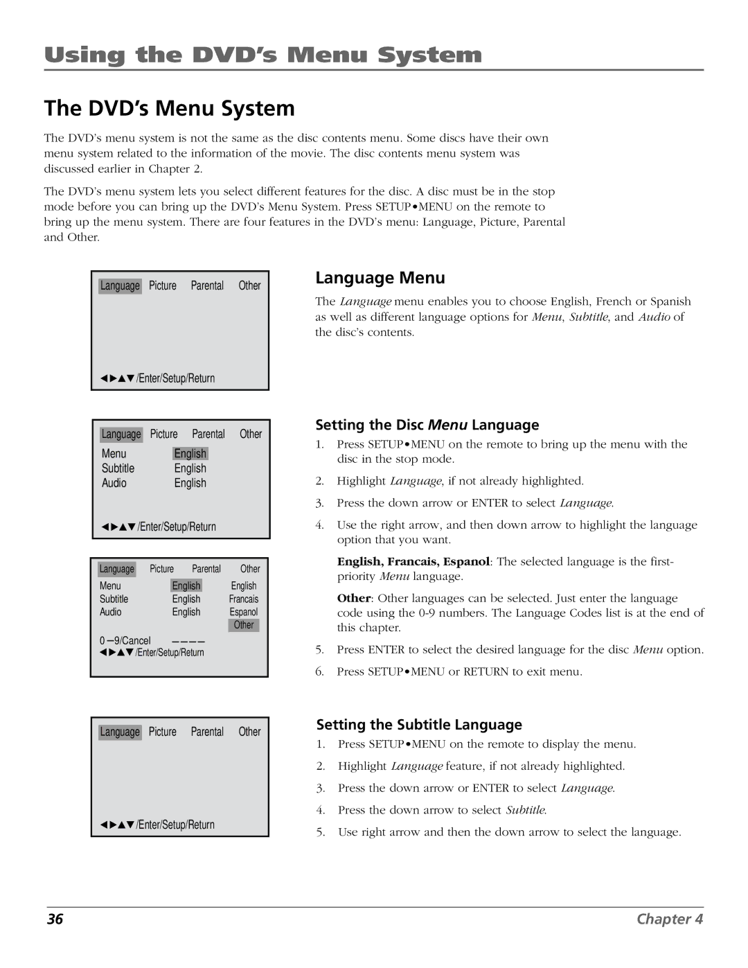 RCA BD1900 manual Using the DVD’s Menu System, Setting the Disc Menu Language, Setting the Subtitle Language 