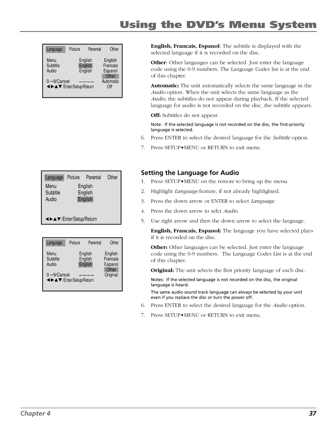 RCA BD1900 manual Setting the Language for Audio 