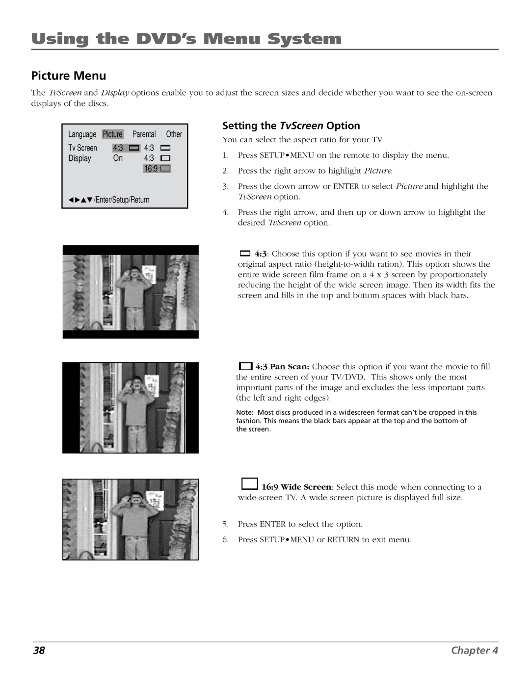 RCA BD1900 manual Picture Menu, Setting the TvScreen Option 