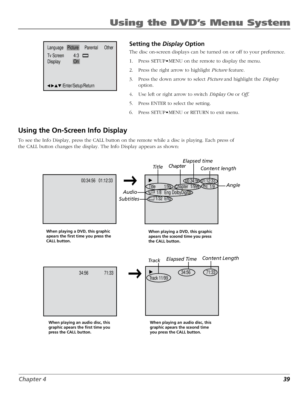 RCA BD1900 manual Using the On-Screen Info Display, Setting the Display Option 