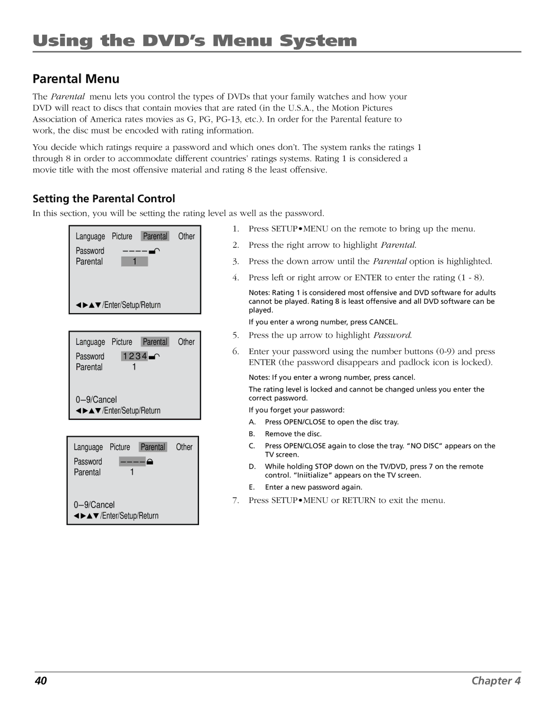 RCA BD1900 manual Parental Menu, Setting the Parental Control 