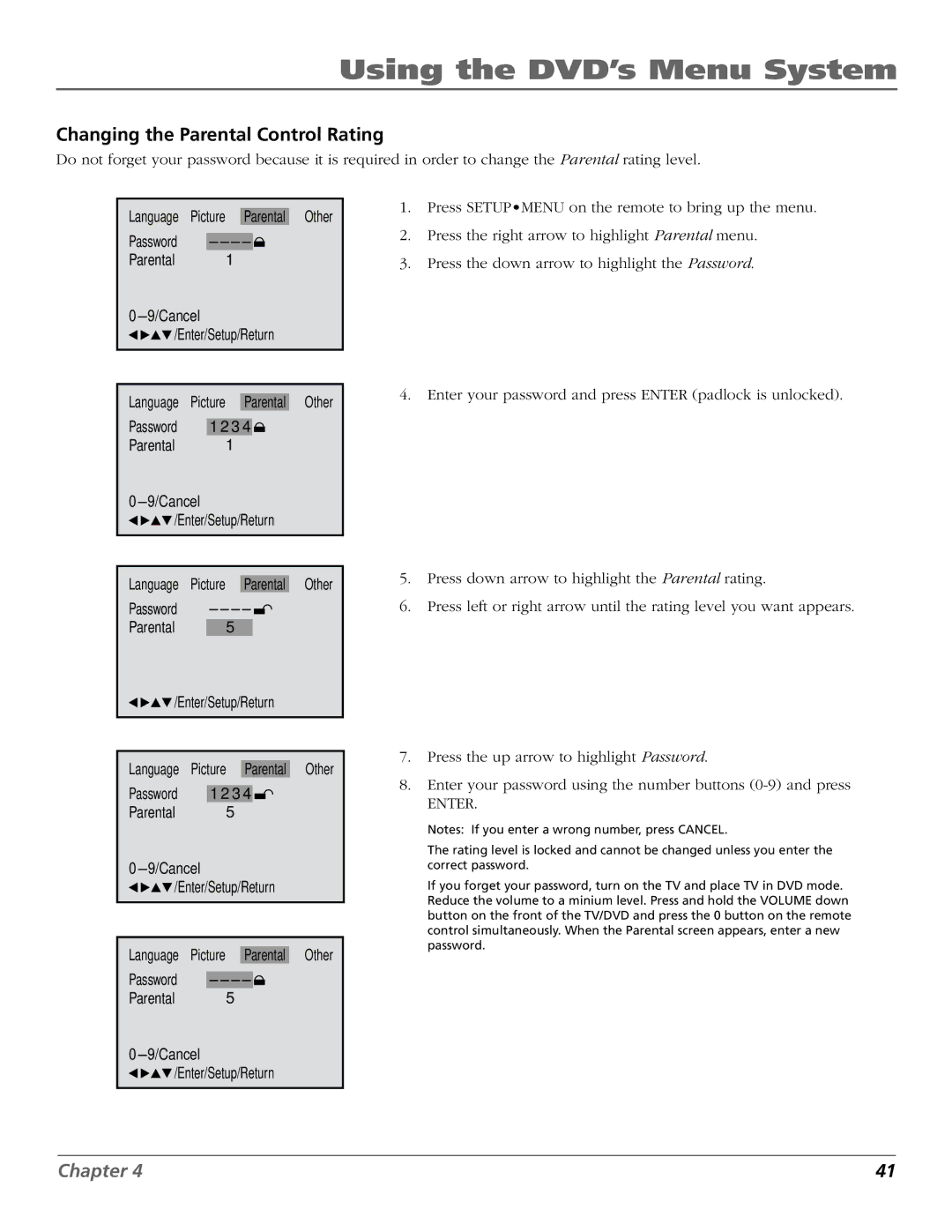 RCA BD1900 manual Changing the Parental Control Rating 