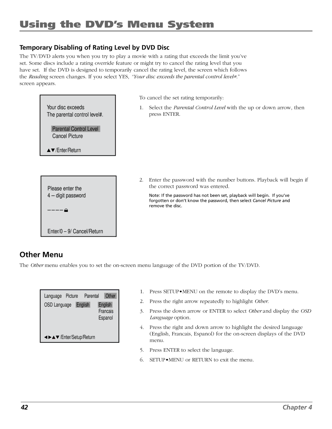 RCA BD1900 manual Temporary Disabling of Rating Level by DVD Disc, Enter/Return Please enter Digit password 