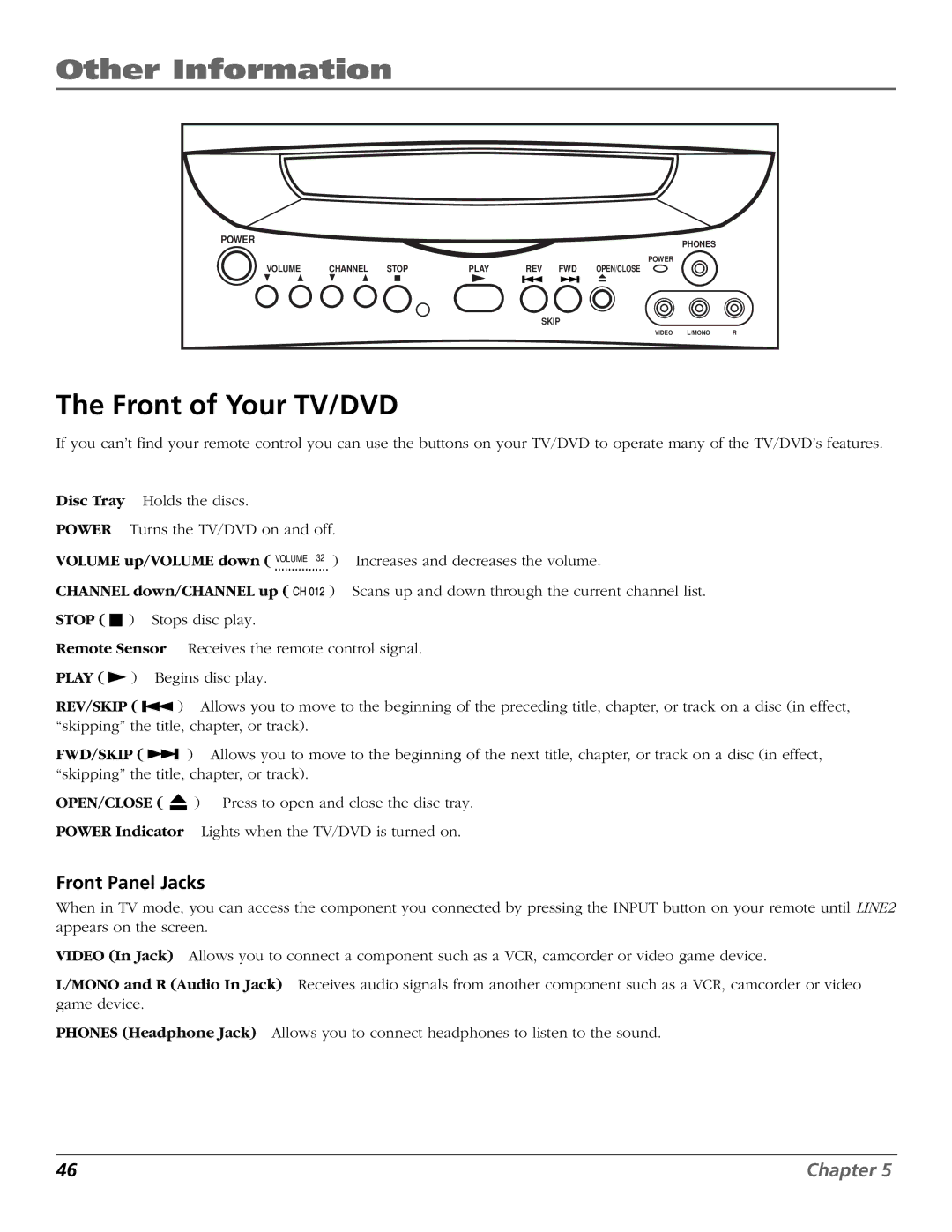 RCA BD1900 manual Other Information, Front of Your TV/DVD, Front Panel Jacks 