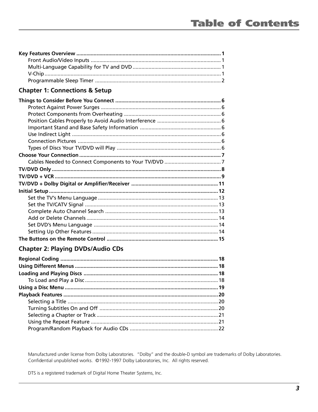 RCA BD1900 manual Table of Contents 