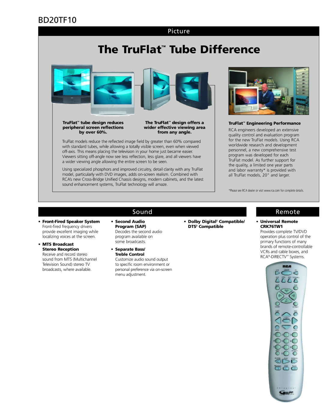 RCA BD20TF10 manual Picture, Sound Remote, By over 60% From any angle, TruFlat Engineering Performance 