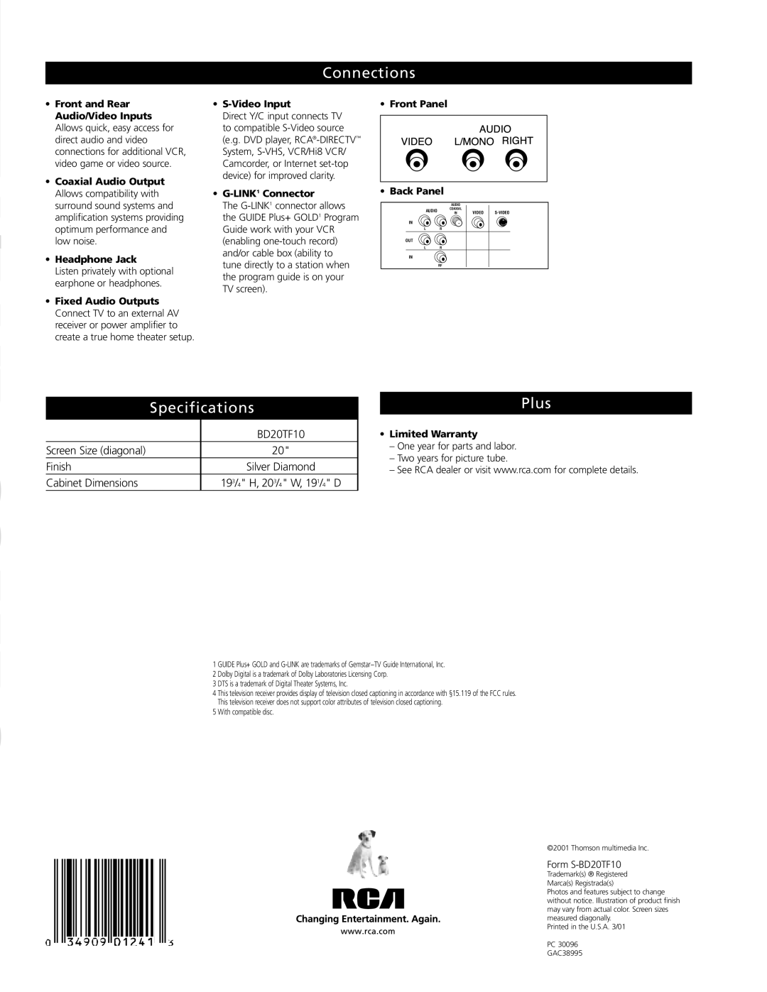 RCA BD20TF10 manual Connections, Plus, Specifications 