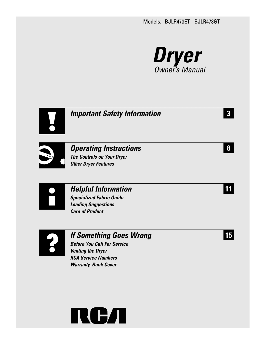 RCA bljr473gt, bjlr473et operating instructions Dryer 