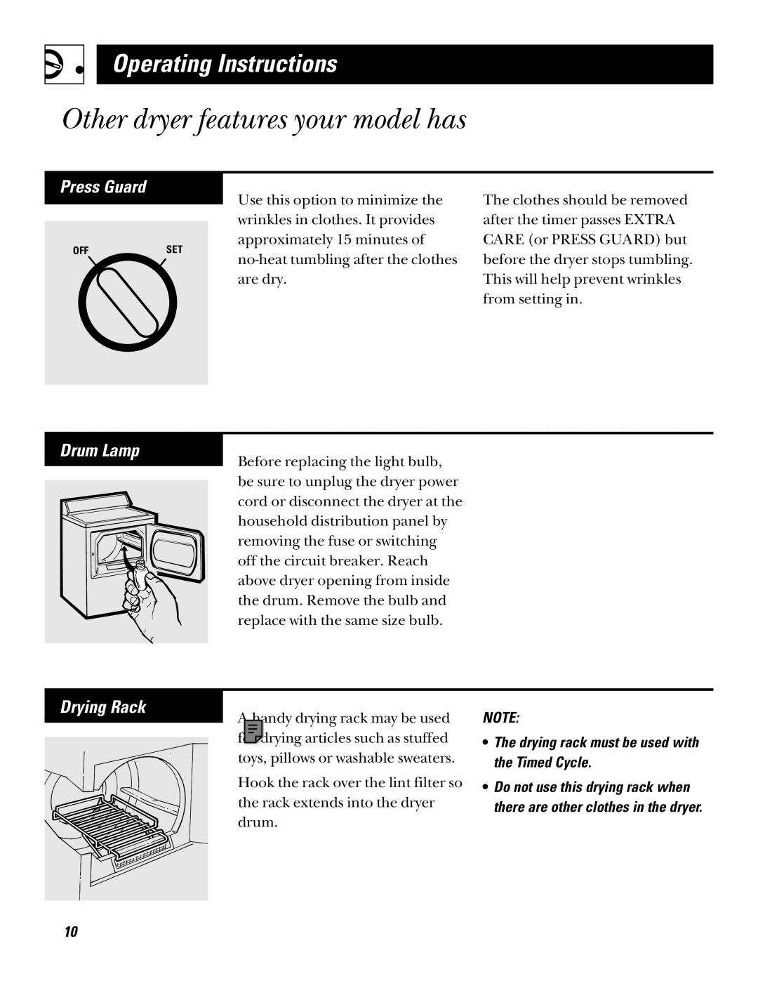 RCA bjlr473et, bljr473gt operating instructions Other dryer features your model has, Press Guard, Drum Lamp, Drying Rack 