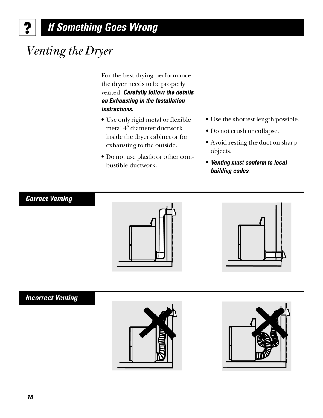 RCA bjlr473et, bljr473gt operating instructions Venting the Dryer, Correct Venting Incorrect Venting 