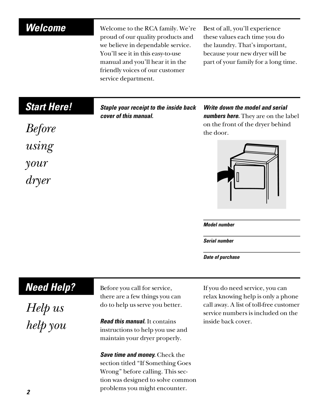 RCA bjlr473et, bljr473gt operating instructions Before Using Your Dryer, Help us Help you 