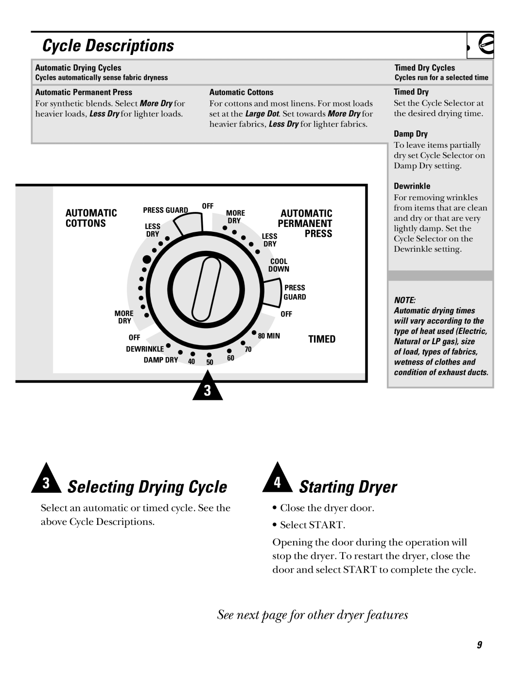 RCA bljr473gt, bjlr473et operating instructions Selecting Drying Cycle 