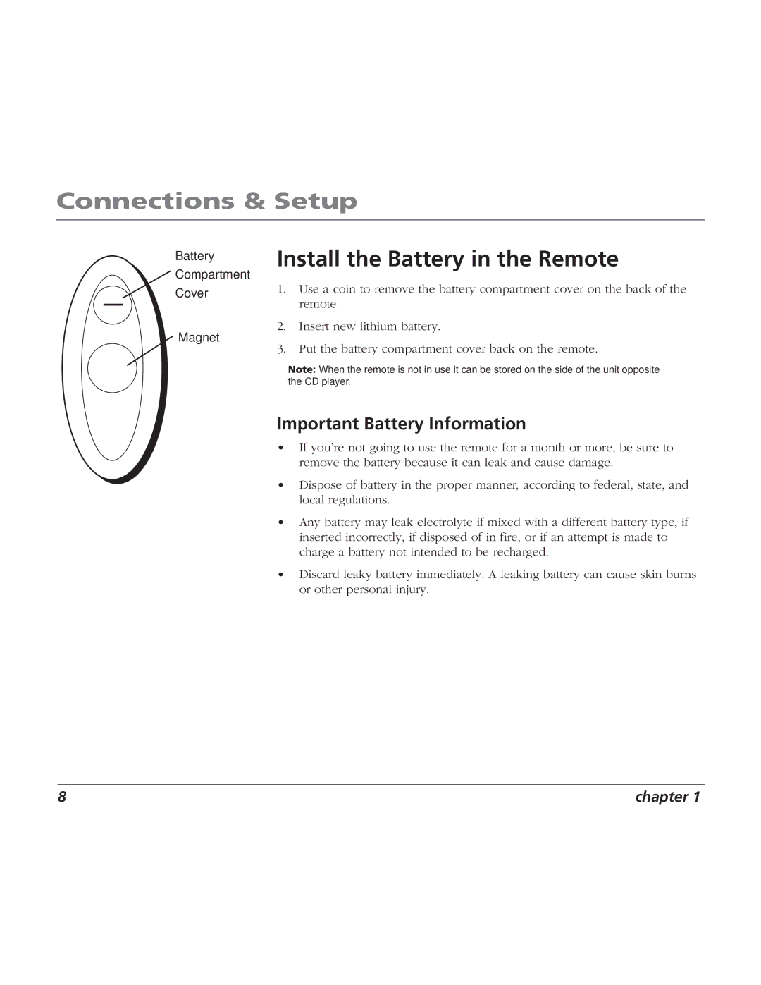 RCA BLC524 user manual Install the Battery in the Remote, Important Battery Information 